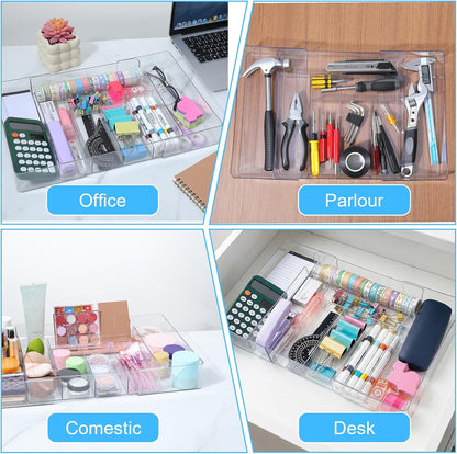 Expandable Acrylic Drawer Organizer, Clear Desk Drawer Organizers Tray with 8 Adjustable Compartments Multifunctional Desk Accessories for Vanity, Office, Kitchen, Bathroom
