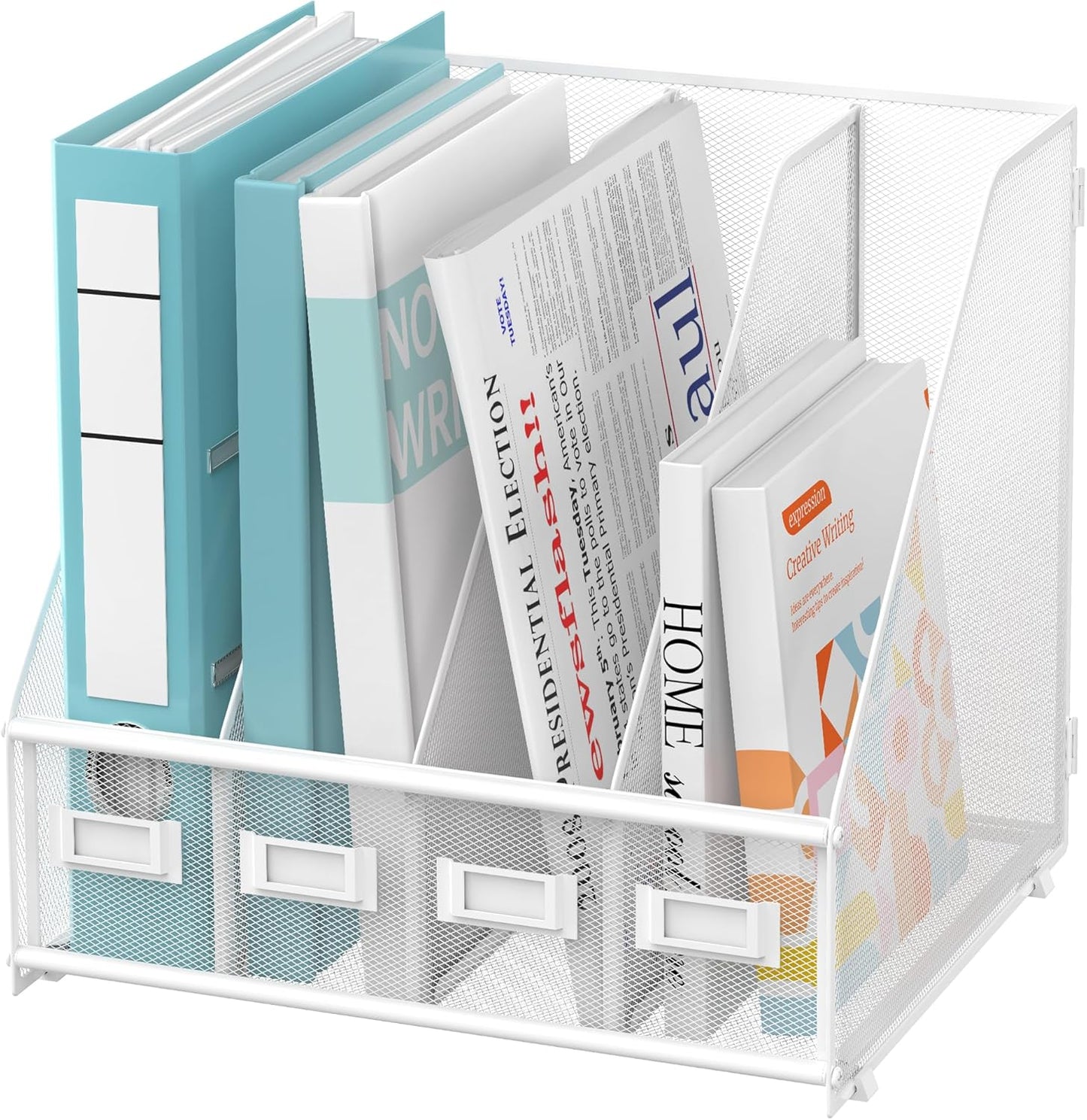 SUPEASY Magazine File Holder, Binder Holder Metal Desk Organizer with 4 Rack Compartments, File Organizer for Office Home School, Black