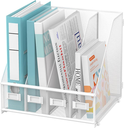 SUPEASY Magazine File Holder, Binder Holder Metal Desk Organizer with 4 Rack Compartments, File Organizer for Office Home School, Black