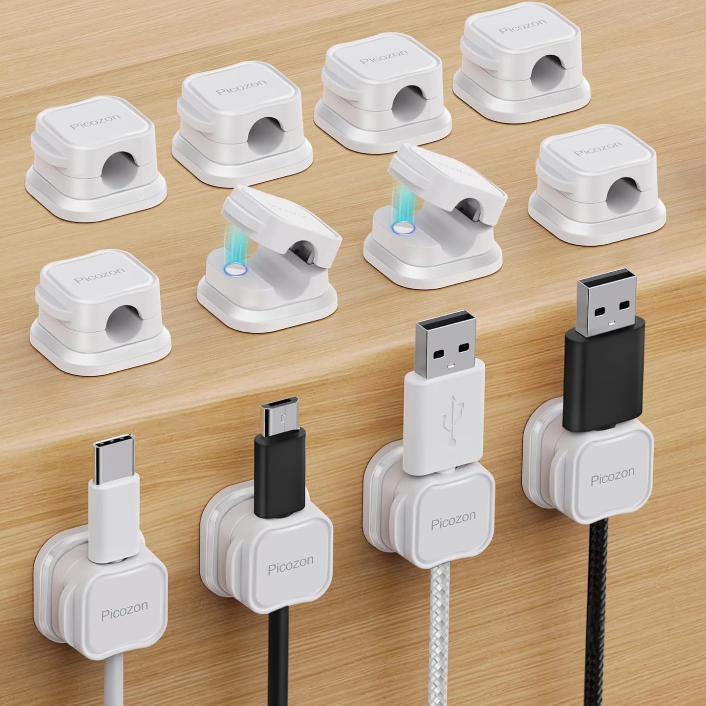 24 Pack Magnetic Cable Clip Organizer Cord Holder, Picozon Adhesive Cable Management, Wire Phone USB Charger Cable Holder, Keeper Organizer for Office Home Desktop Table - White