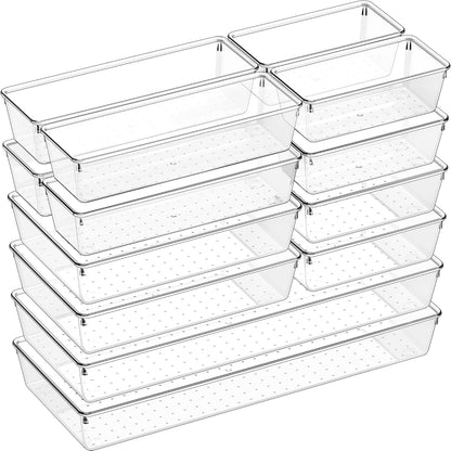 Criusia Drawer Organizer, 10 Pack Large Clear Plastic Set, 3 Size Versatile Bathroom and Vanity Organizer Trays, Storage Bins for Makeup, Bedroom, Kitchen Utensils