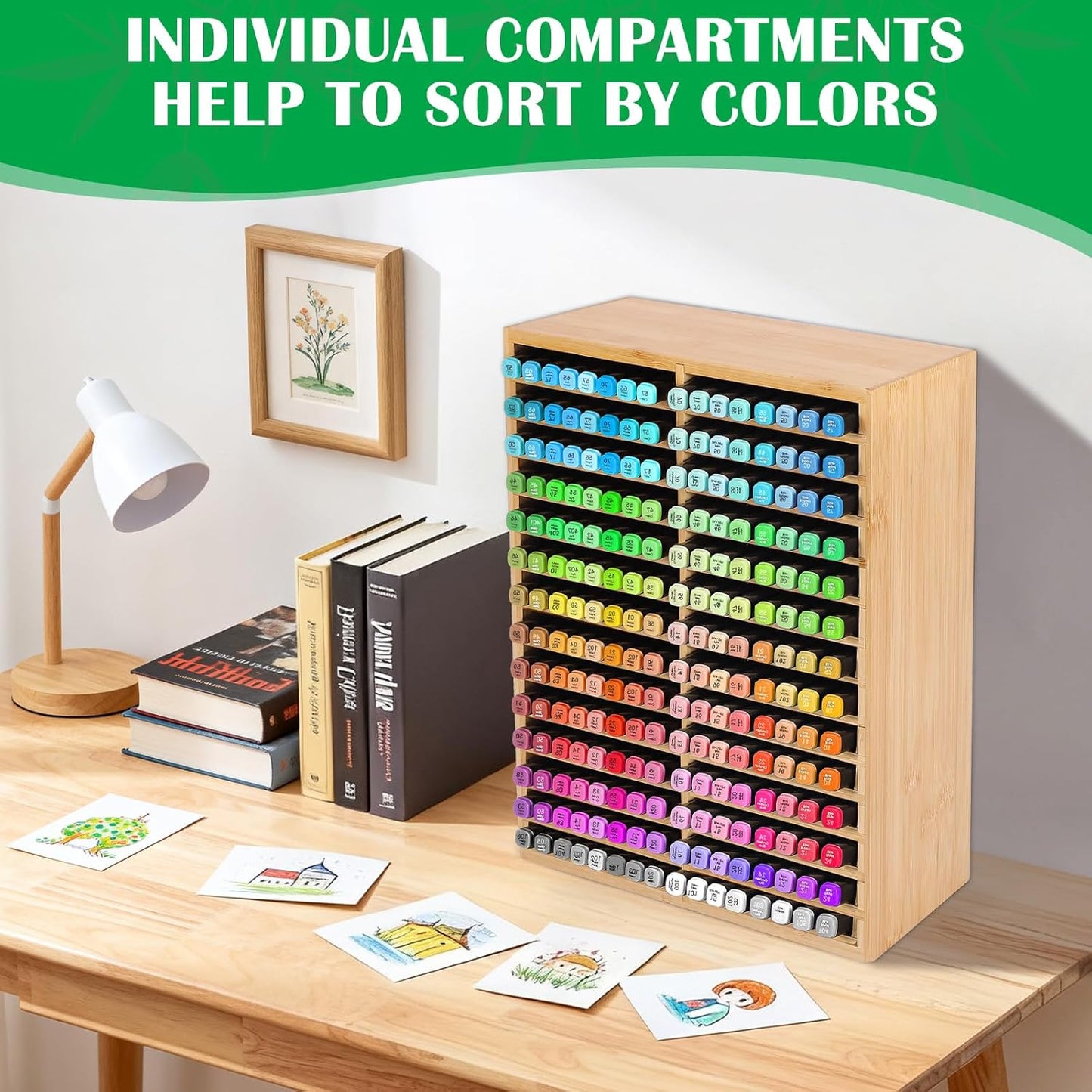 Bamboo Marker Organizer for 224 Markers, Alcohol Marker Storage Organizer with 28 Compartments, Desktop Marker Holder for Art Markers, Brush Pens, Pencils