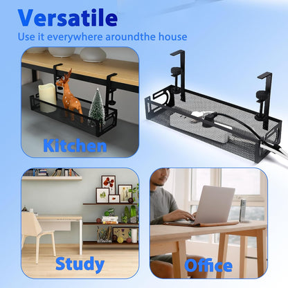 Under Desk Cable Management Box 25.3 Inch – Clamp-Mounted Cable Organizer Tray, Large Cord Management Box for Office & Home, Wire Organizer Under Desk Storage, White