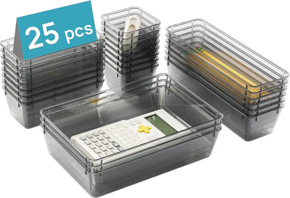 Vtopmart 25 PCS Clear Plastic Drawer Organizers Set, 4-Size Versatile Bathroom and Vanity Drawer Organizer Trays, Storage Bins for Makeup, Bedroom, Kitchen Gadgets Utensils and Office