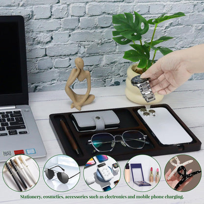 MultiBey Acacia Wood Valet Tray Nightstand Organizer, Wooden Valet Trays for Men Women, Wood Desk Organizer Drawer, EDC Essentials Catchall Tray for Phones, Watch, Pens, Keys