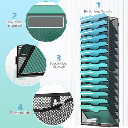 Gawerk 5 Tier Hanging Wall File Organizer, Mesh Mail Paper Orgnization Hanging File Folder Holder for Home Office, Black