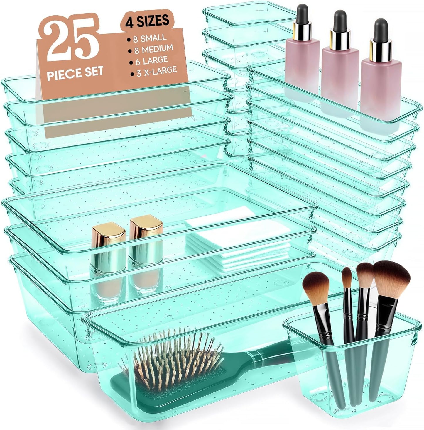 Clear Acrylic Drawer Organizers Set Storage for Makeup, Office Desk Small Vanity Trays for Drawer Bathroom Plastic Make up Organizers 25 Pcs