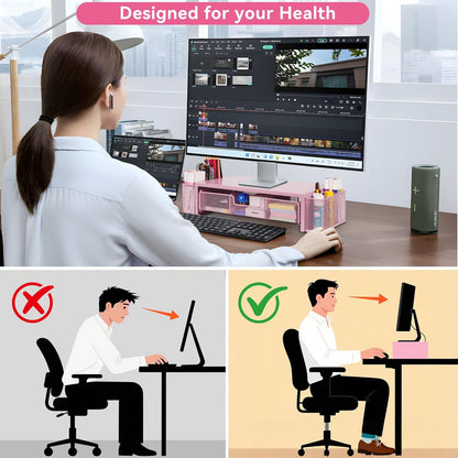 Qupui Computer Monitor Stand Riser with Drawer and Pen Holders, Desk Organizer Shelf and Accessories, Office Desk Accessories, Office Organization, Black