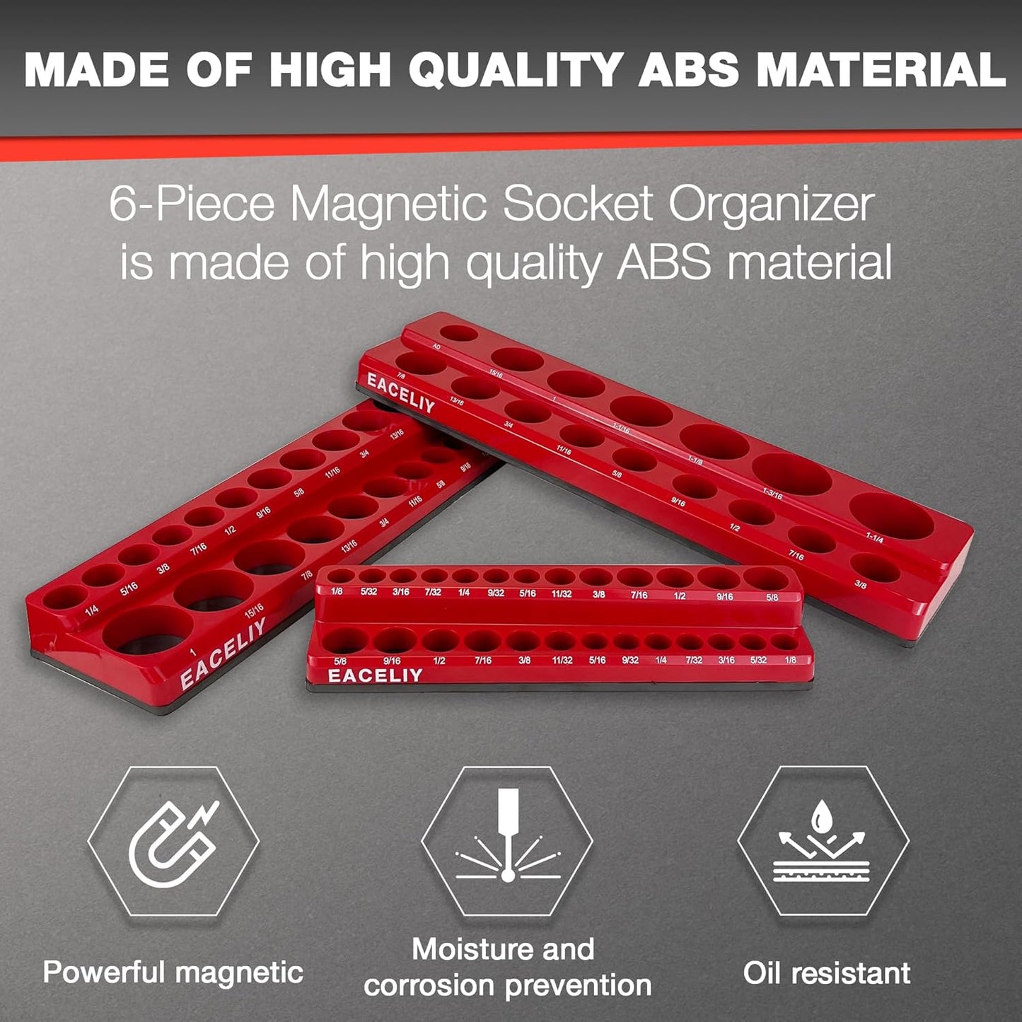 EACELIY 6-Piece Magnetic Socket Organizer Set, 1/2", 1/4" and 3/8" SAE & Metric Deep & Shallow Socket Holder Kit, holds 141 stanard Sockets, attaches to steel box/tool cart (sockets not included)