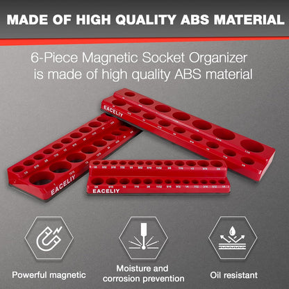 EACELIY 6-Piece Magnetic Socket Organizer Set, 1/2", 1/4" and 3/8" SAE & Metric Deep & Shallow Socket Holder Kit, holds 141 stanard Sockets, attaches to steel box/tool cart (sockets not included)