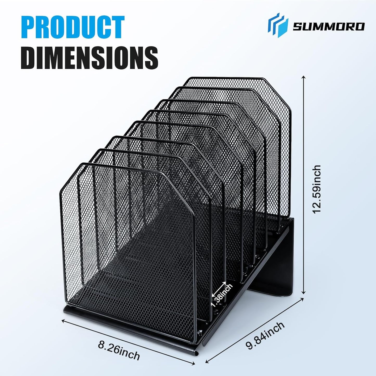 SUMMORO Inclined File Organizer for Desk, 7-Section Vertical File Folder Holder Office Desk Organizer Metal Rack File Wire Mesh Desktop Document Sorter for Office School Classroom Home (Black)