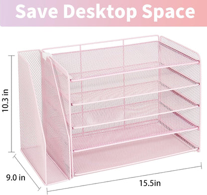 OPNICE Desk Organizer, 5-Tier Paper Organizer Letter Tray with Magazine Holder, Office Desk Accessories & Workspace Organizers, Desktop File Organizer for Office Supplies Storage, Black