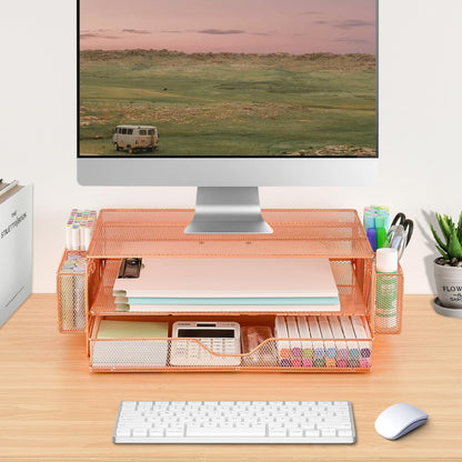 AUPSEN Wood Desk Organizers and Accessories, 2-Tier Computer Monitor Stand Riser with Drawer, Pen Storage & Phone Holder, Office Desk Accessories, Workspace Desktop Organization for Office Supplies（Brown）