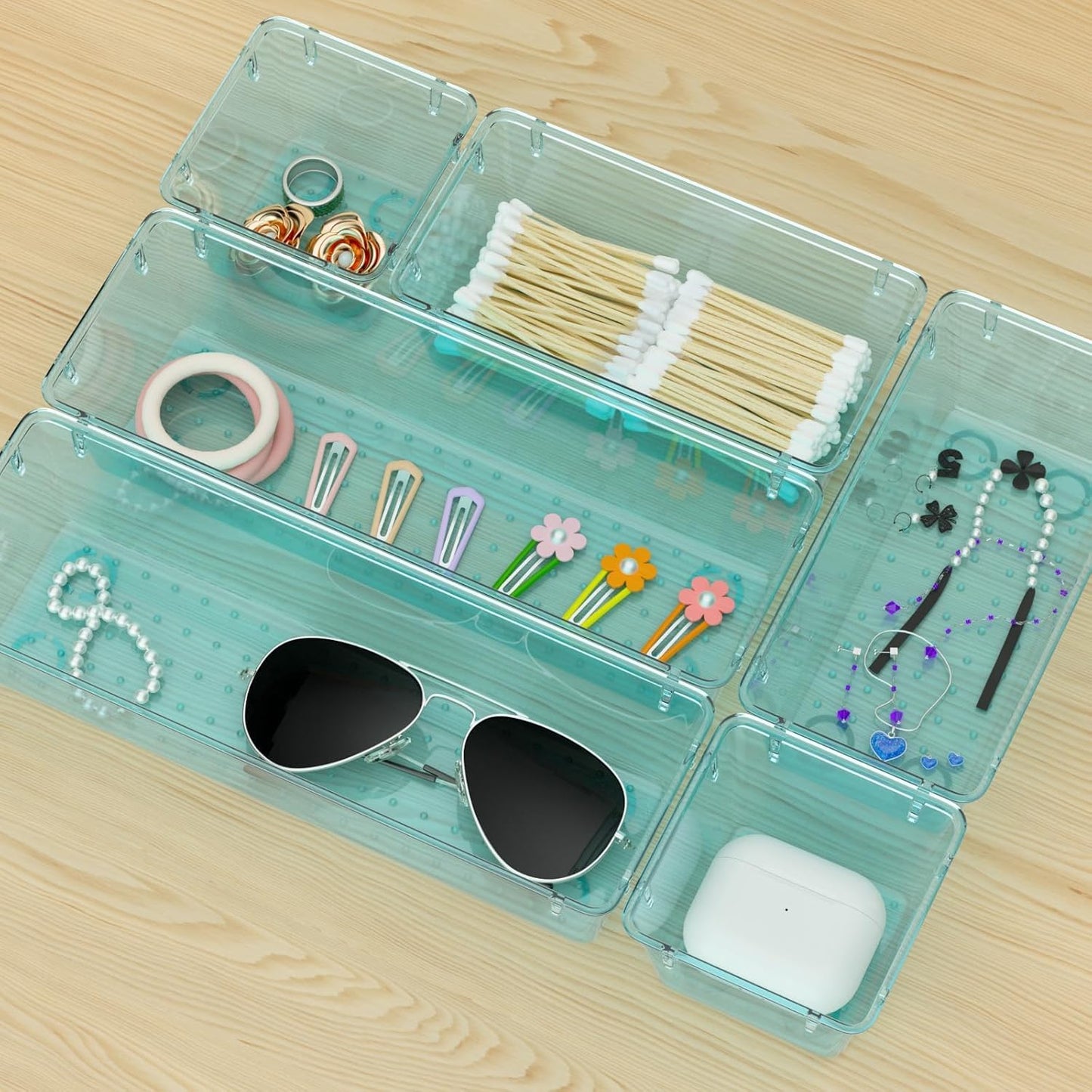WOWBOX 6 Pack Clear Drawer Organizer Set, Acrylic Drawer Storage Trays, Storage Bins for Makeup, Cosmetics, Jewelries, Utensils, Gadgets, Office