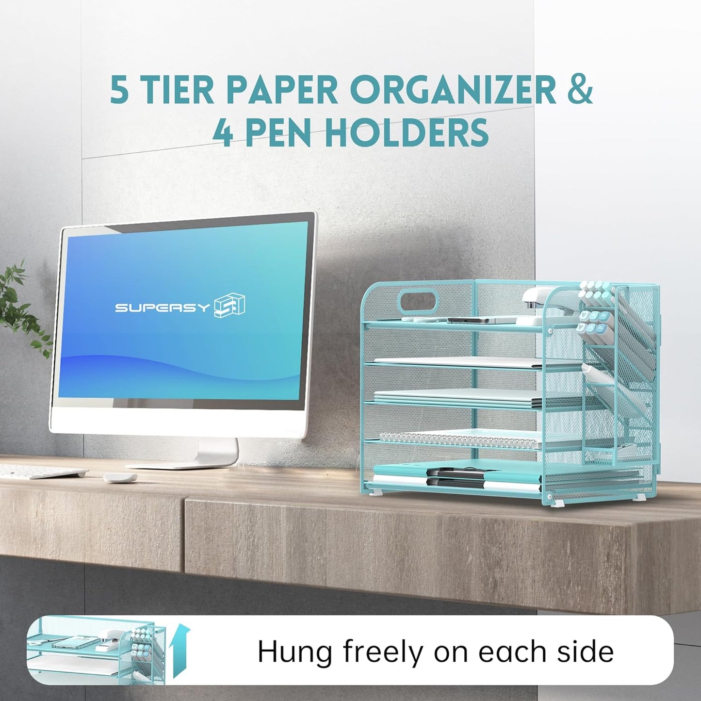 SUPEASY 5 Tier Desk Organizer with Handle & Removable Pen Holders, Mesh Paper/File Organizer for Desk, Paper Letter Tray Organizer for Office Supplies (Black)