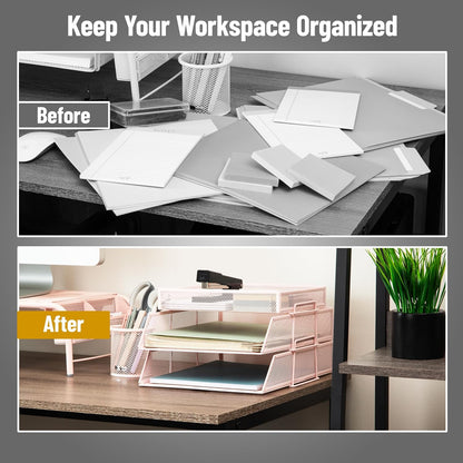 Mind Reader 2 Tier Paper Tray with Top Supply Compartment, Desktop File Organizer, Metal Mesh, Black