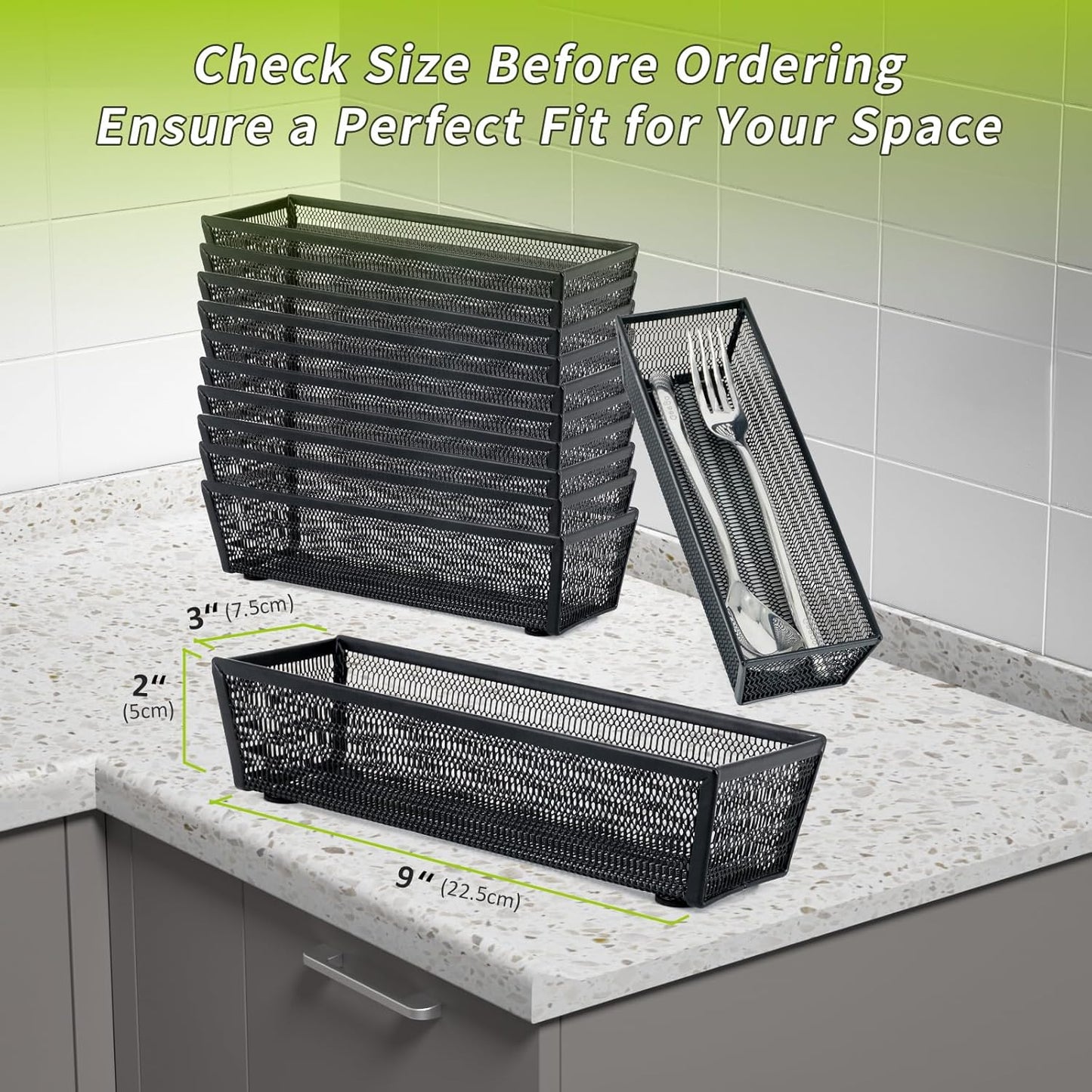 Neudeco Drawer Organizer Set 6 Pack - 5-Compartment Silverware Organizer Tray + 5 Utensil Trays, Kitchen Drawer Organizer for Flatware, Cutlery, Office Supplies, Black Mesh, Non-Slip.