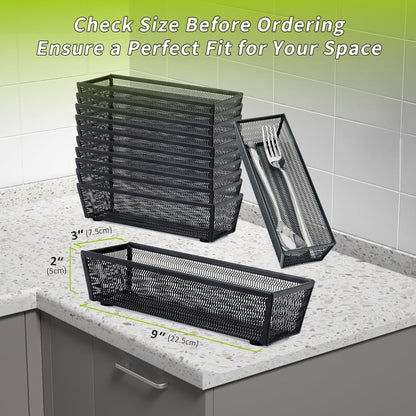 Neudeco Drawer Organizer Set 6 Pack - 5-Compartment Silverware Organizer Tray + 5 Utensil Trays, Kitchen Drawer Organizer for Flatware, Cutlery, Office Supplies, Black Mesh, Non-Slip.