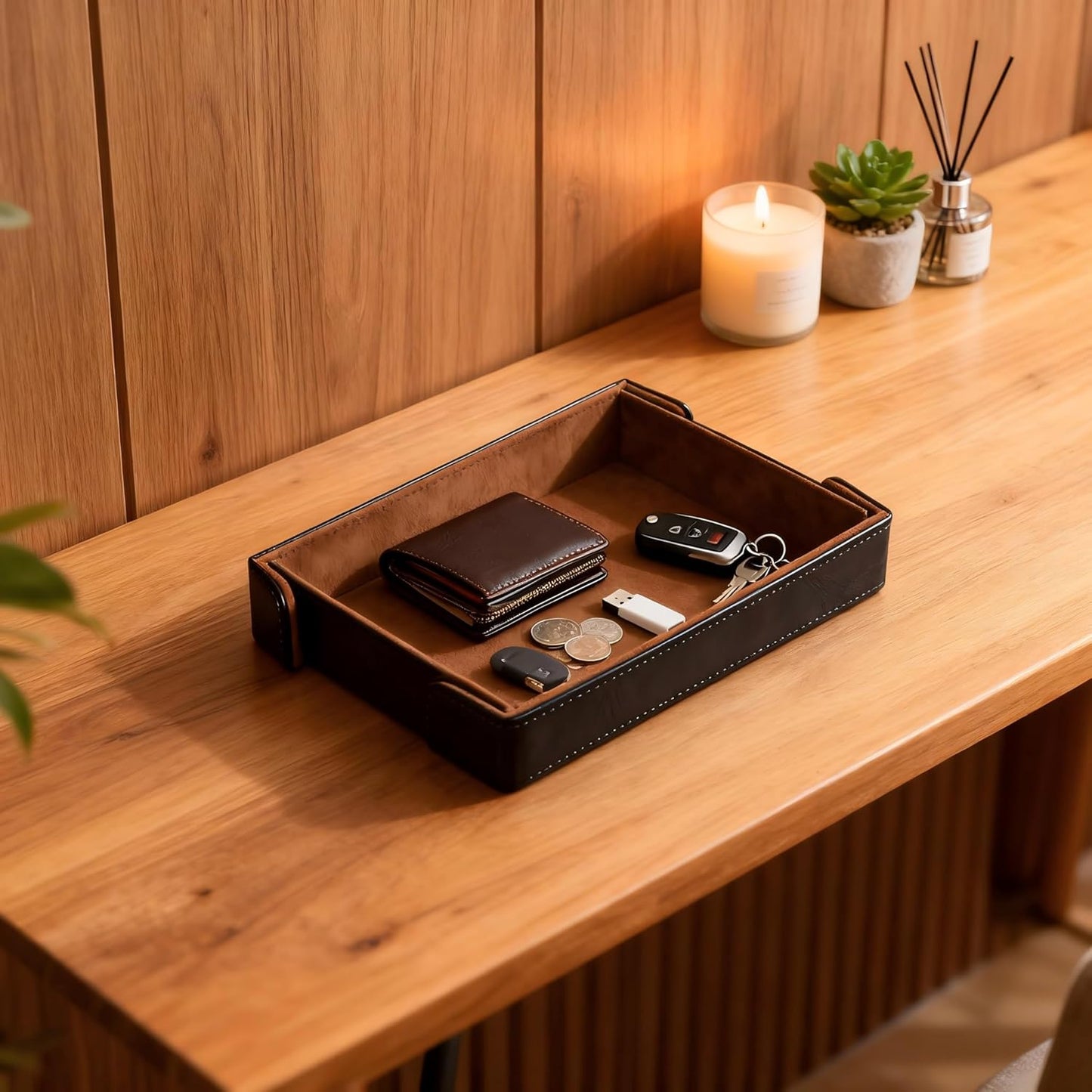Valet Tray Desktop Storage Organizer Catchall Tray for Jewelry, Wallets, Watches, Keys, Coins, Phones, Glasses - Perfect for Nightstand, Desktop, Entryway table