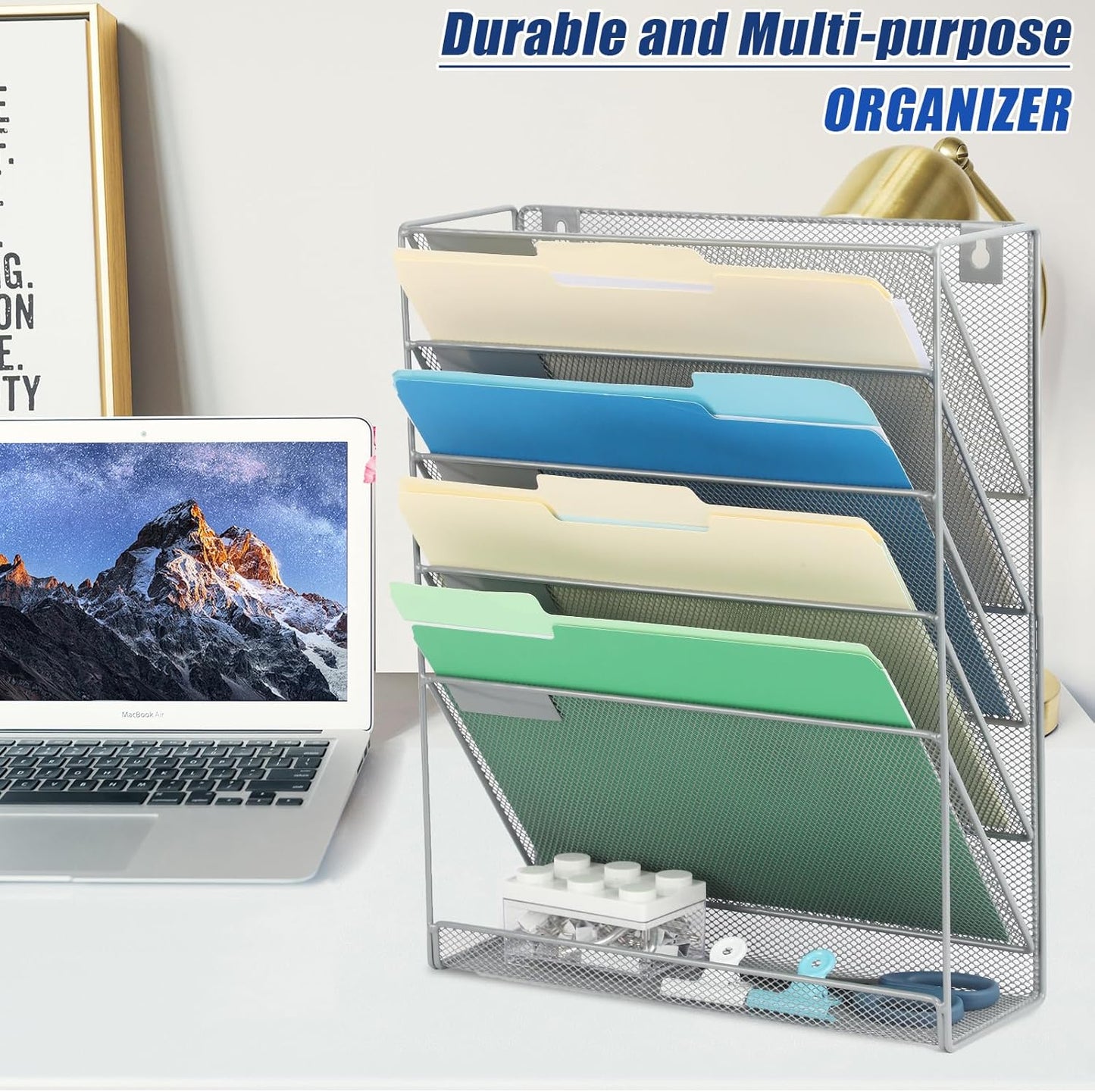 EASEPRES Desk File Organizer Mesh 6-Tier, Hanging Wall Mount Document Organization Stand, Desktop Vertical Mail Paper Folder Holder Rack with Bottom Tray for Office Home Cubicle Countertop, Black