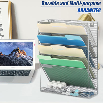 EASEPRES Desk File Organizer Mesh 6-Tier, Hanging Wall Mount Document Organization Stand, Desktop Vertical Mail Paper Folder Holder Rack with Bottom Tray for Office Home Cubicle Countertop, Black