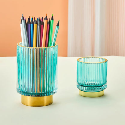 Makeup Brush Holder Organizer,Toothbrush Holders,Desk Pen Pencil Holder,Multifunctional Vintage Glass Brush Cup（L/Green/A3-6-US）
