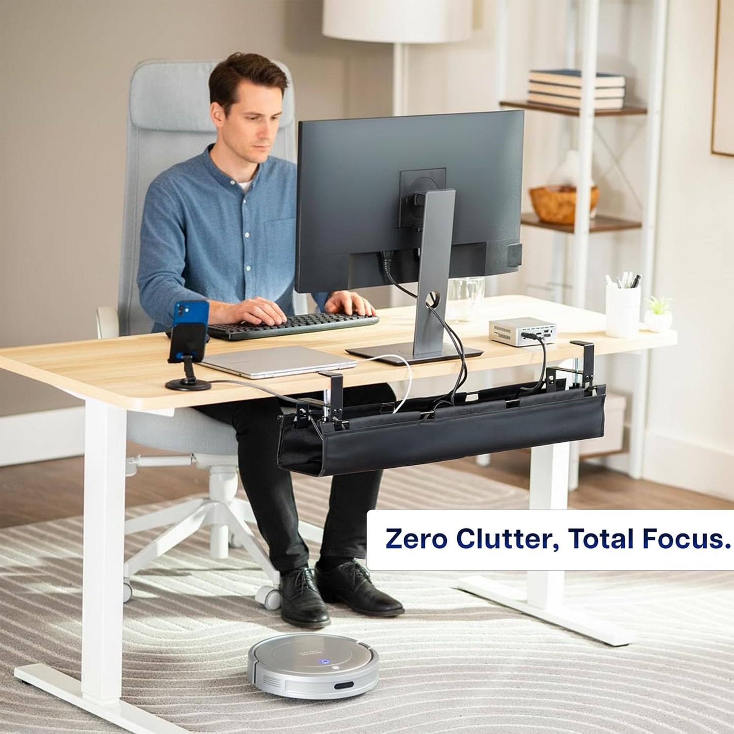 VIVO Clamp-on Under Desk 31 inch Fabric Cable Management Tray, Wire Concealer, Power Strip Storage, Workspace Organization, Easy Fold Down Access, Black, DESK-AC31F-C
