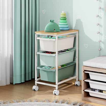 Rolling Storage Cart with 3 Drawers, Craft Organizer, Wooden Tabletop Utility Cart for Bedroom, Children's Room and Office Organization, Under Desk Trolley with Lockable Wheels,White