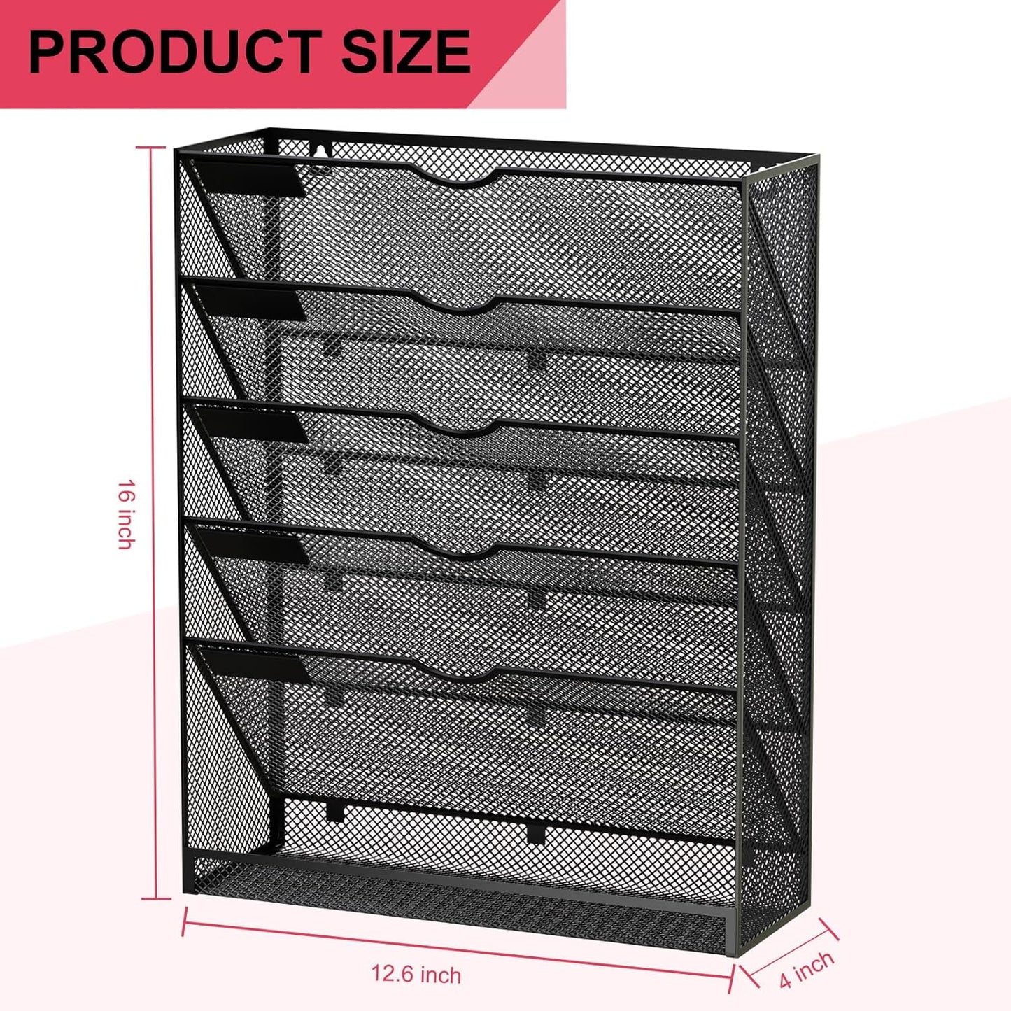 Wall File Organizer Holder Mesh Hanging Paper Document Holder,Vertical 6 Pocket Tier for Office Home, Black