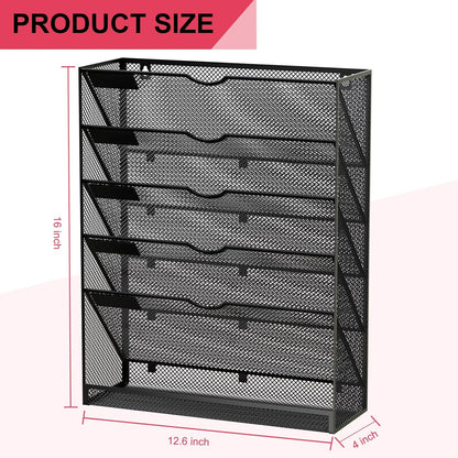 Wall File Organizer Holder Mesh Hanging Paper Document Holder,Vertical 6 Pocket Tier for Office Home, Black