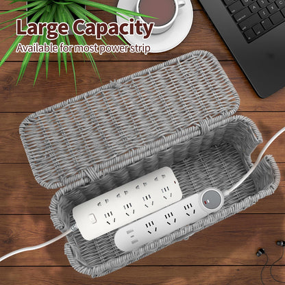 Cable Management Box, Desk Handwoven Rattan Cord Hider Cable Organizer Box With Lid Button Lock, Power Strip Cover Wicker Decorative Basket, Floor Wire Hiding Extension Cord Box (dark brown)