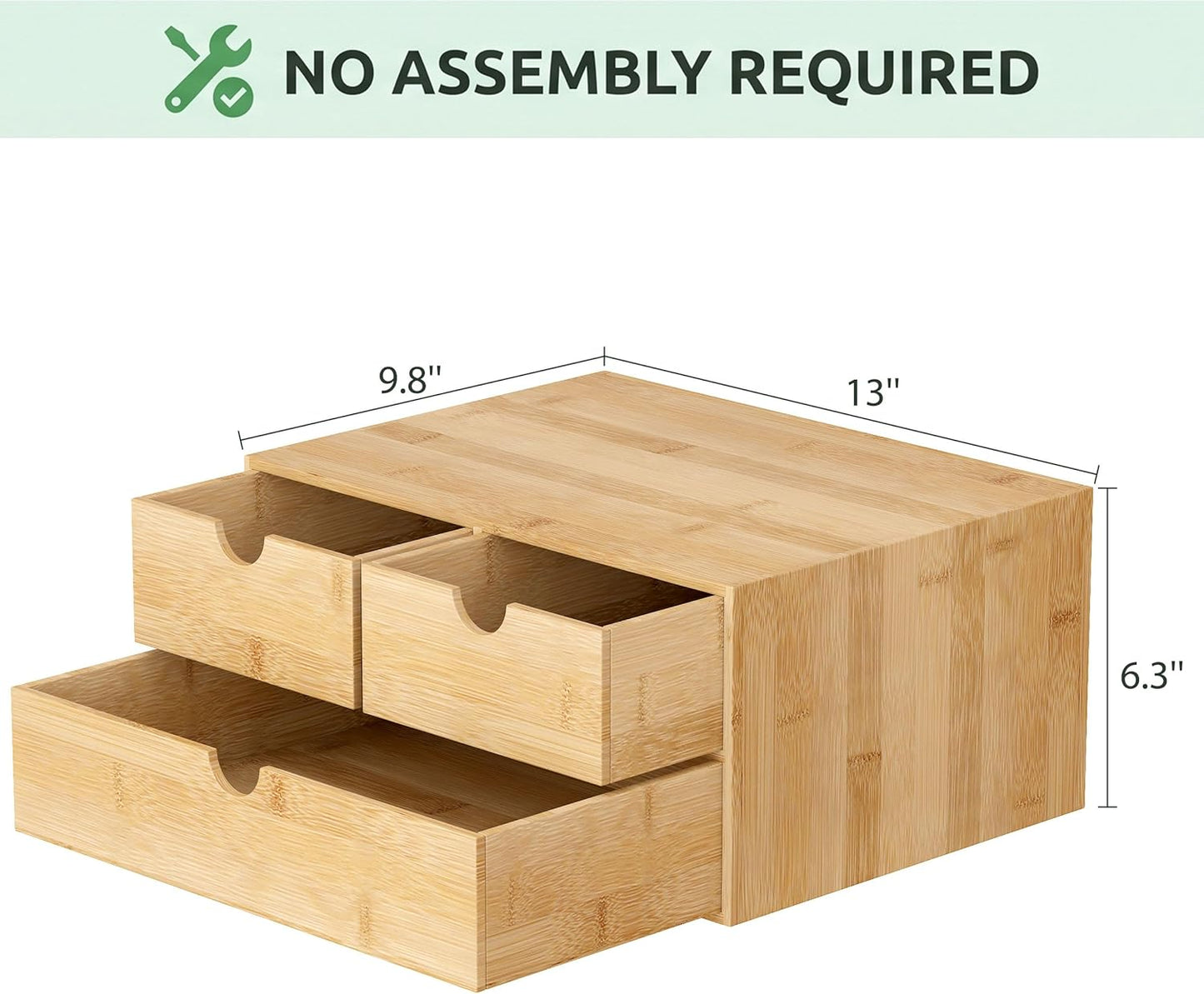 Desk Organizer with Drawers - Bamboo Desktop Organizer Storage | Wood Desk Drawers Organizer for Bills, Office Supplies, Cosmetics, Seals No Assembly Required (3 Drawer with Big Drawer)