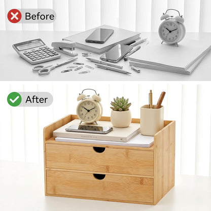 Desk Organizer with Drawers - Bamboo Desktop Organizer Storage | Wood Desk Drawers Organizer for Bills, Office Supplies, Cosmetics, Seals No Assembly Required (3 Drawer with Big Drawer)