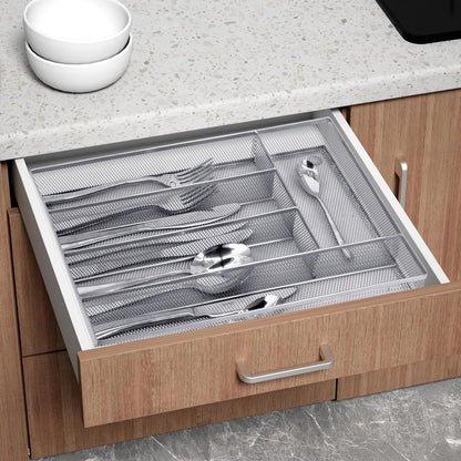 Neudeco Drawer Organizer Set 6 Pack - 5-Compartment Silverware Organizer Tray + 5 Utensil Trays, Kitchen Drawer Organizer for Flatware, Cutlery, Office Supplies, Black Mesh, Non-Slip.