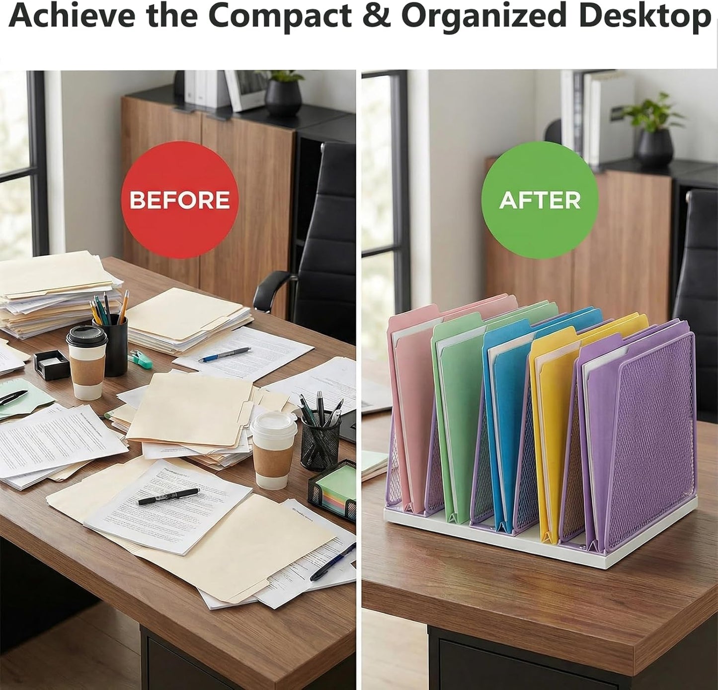 AUPSEN 5-Section Gold File Organizer for Desk, Wood Mesh Desktop File Organizer, File Sorter Storage Rack, Vertical Folder Holder for Files, Magazines, Books (Gold)