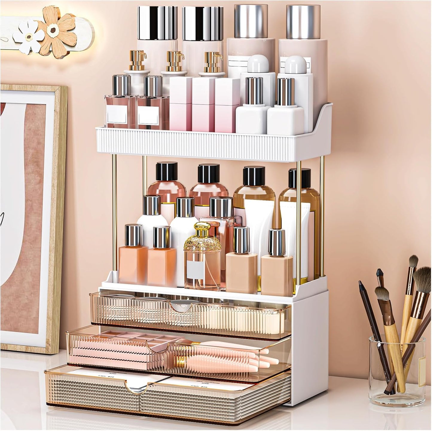 caktraie 12.2" W Makeup Organizer Drawers - 5 Tiers Bathroom Counter Organizer, Cosmetic Storage Drawer for Dresser Countertop and Bathroom Vanity for Large Skincare, Perfume, Clear