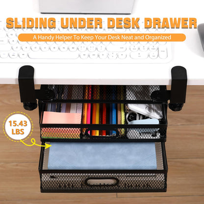 Sliding Under Desk Drawer Organizer No Drilling 2 Drawers Slide Out Desktop Or Under Table Storage Metal Clamp On Desk Drawer Attachment Anti-Slip Desktop Organizer for Home & Office, White