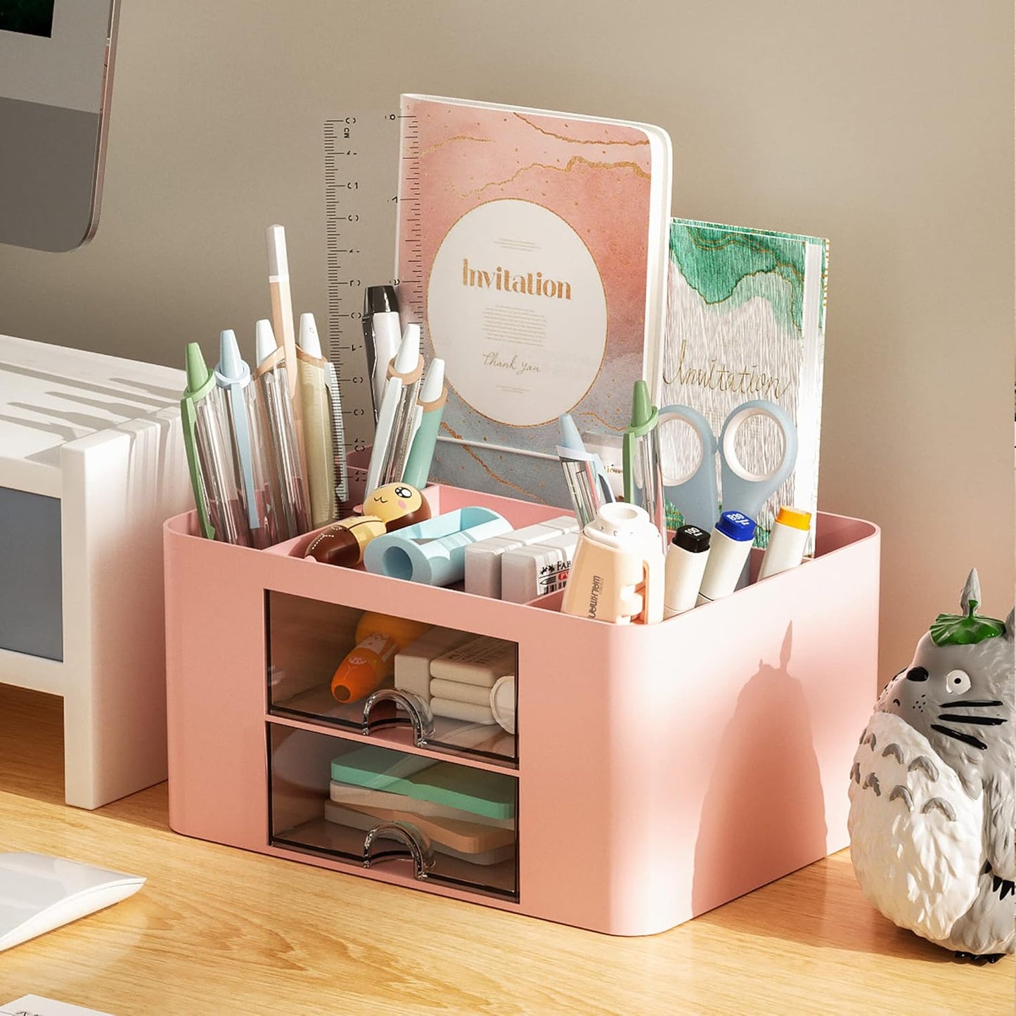 Marbrasse Pen Organizer with 2 Drawer, Multi-Functional Pencil Holder for Desk, Desk Organizers and Accessories with 5 Compartments + Drawer for Office Art Supplies (White)