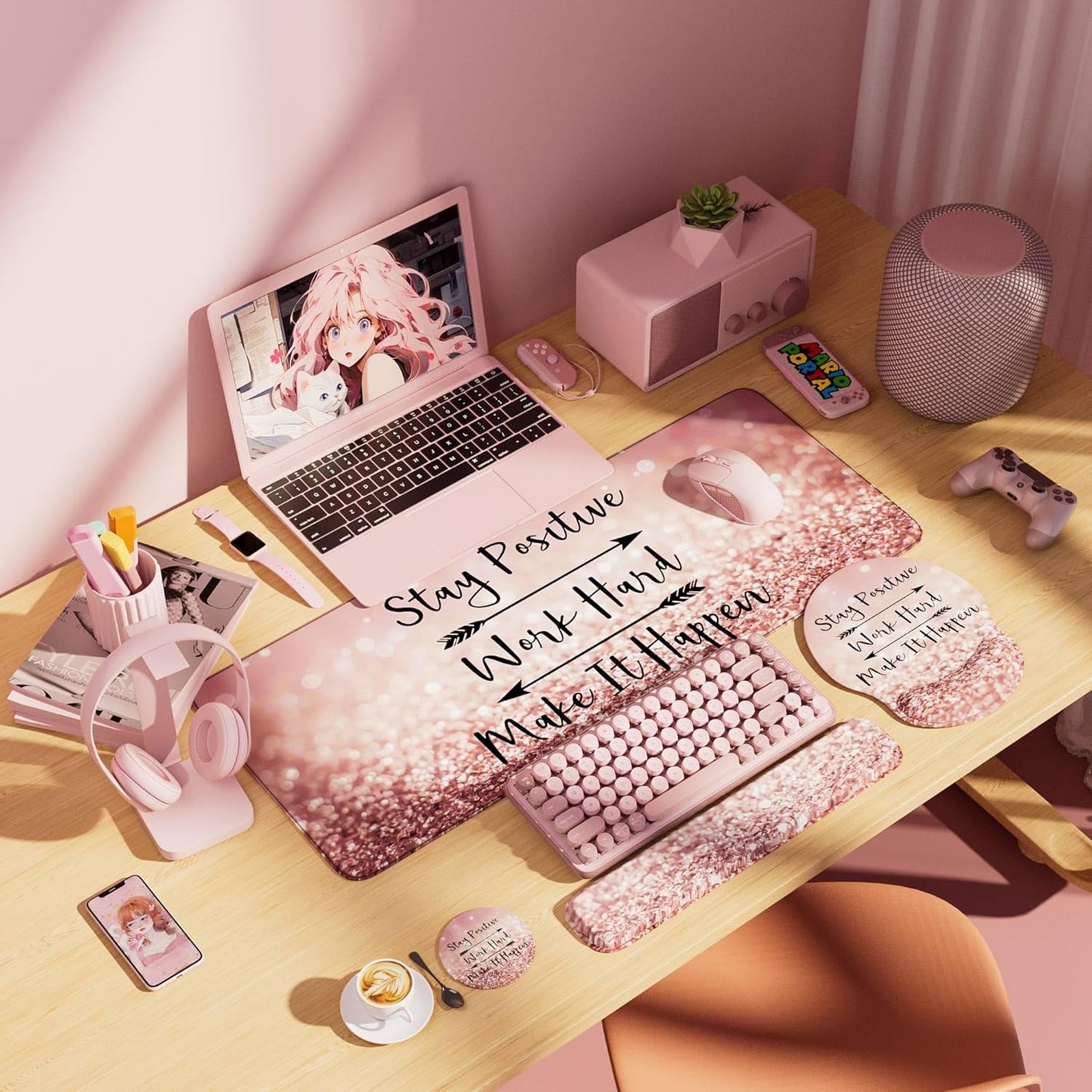 Desk Mat Set + Keyboard and Mouse Pad with Wrist Rest Support,4-in-1 Large Mousepad Computer Mats for Desktop Home & Office-Purple Butterflies