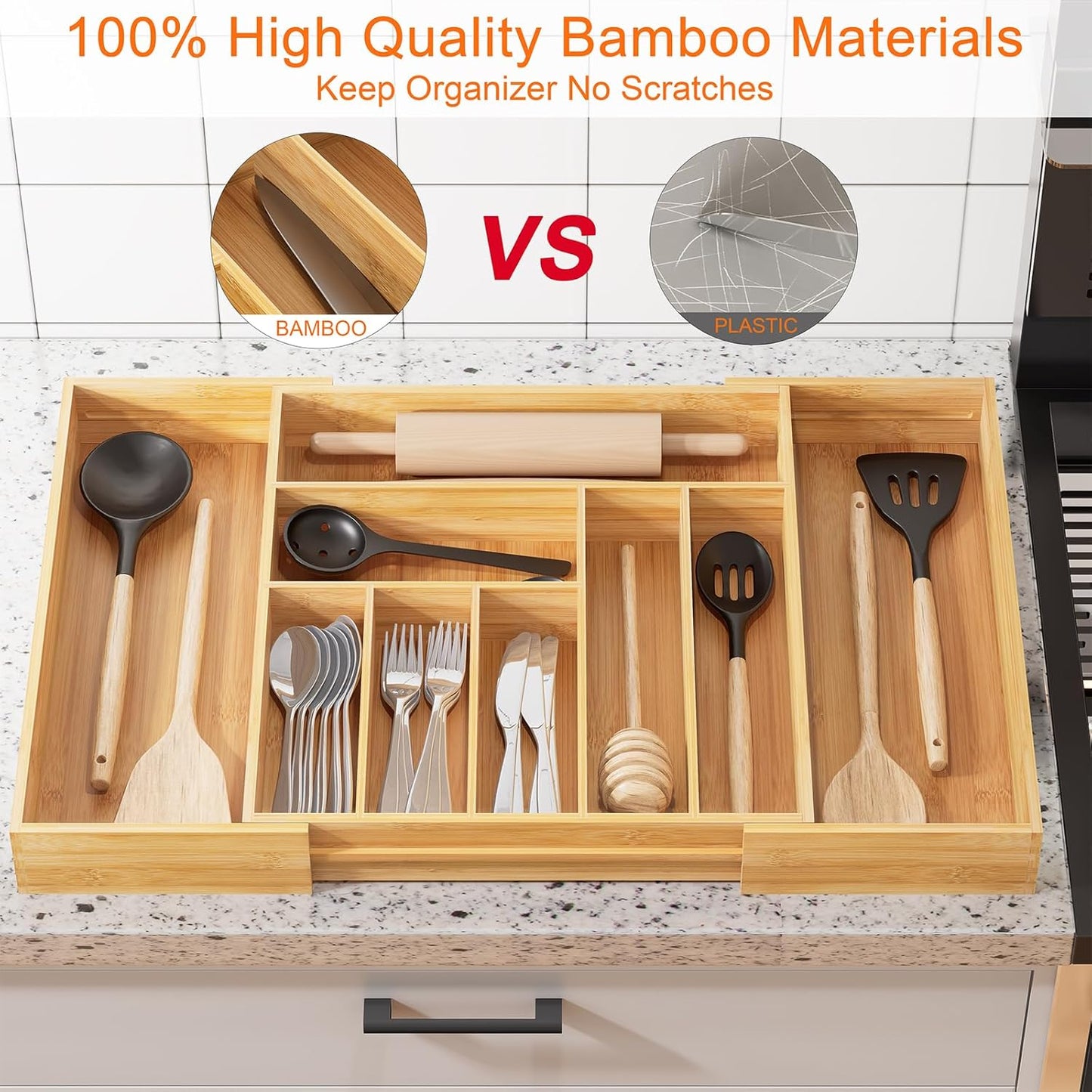 Youpehom Bamboo Utensil Organizer for Kitchen Drawers, Expandable Utensil Tray and Cutlery Silverware Holder,Wood Drawer Dividers with 7 Adjustable Slots