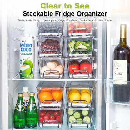 6-Pack Fridge Drawer Organizer, Pull-out Stackable Refrigerator Organizers and Storage, Clear Fruit Storage Containers Bins with Drain Tray for Kitchen Cabinet, Pantry Organization