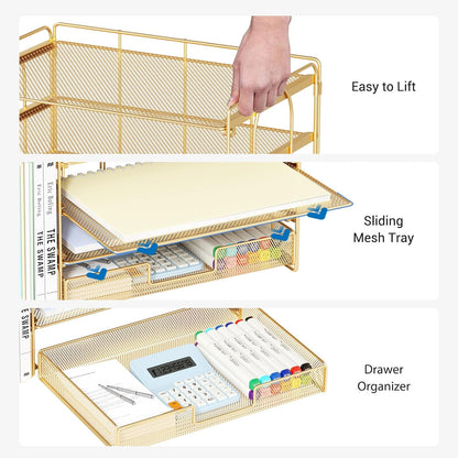 OPNICE Desk Organizers and Accessories, 4-Tier Office Desk Accessories & Workspace Organizers with Drawer and Pen Holder, Desktop Paper Tray File Organizer for Home Office Supplies, Gold