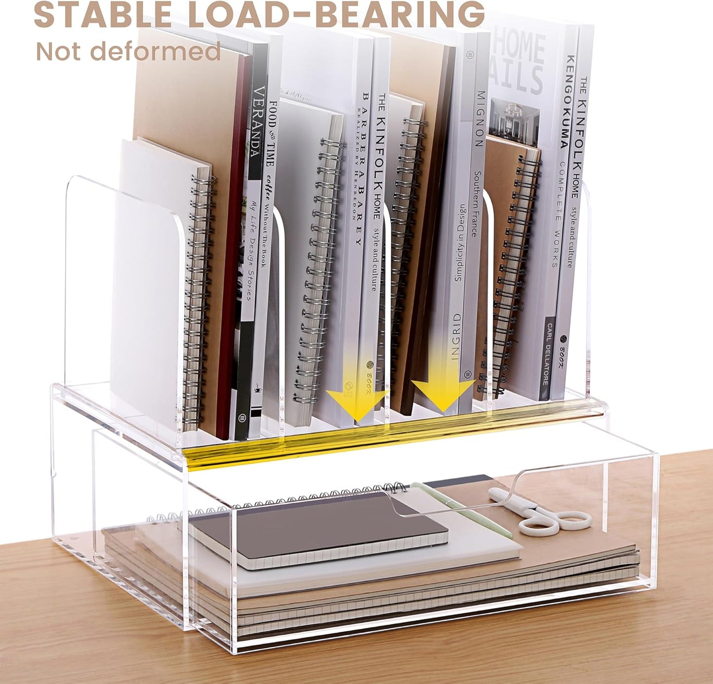 DINGHUO Acrylic Desk Organizers and Accessories, Clear Paper File Folder Organizer Letter Tray Sliding Drawer with 4 Upright Sections File Holder, Office Supplies Workspace Organizers - 1 Pack