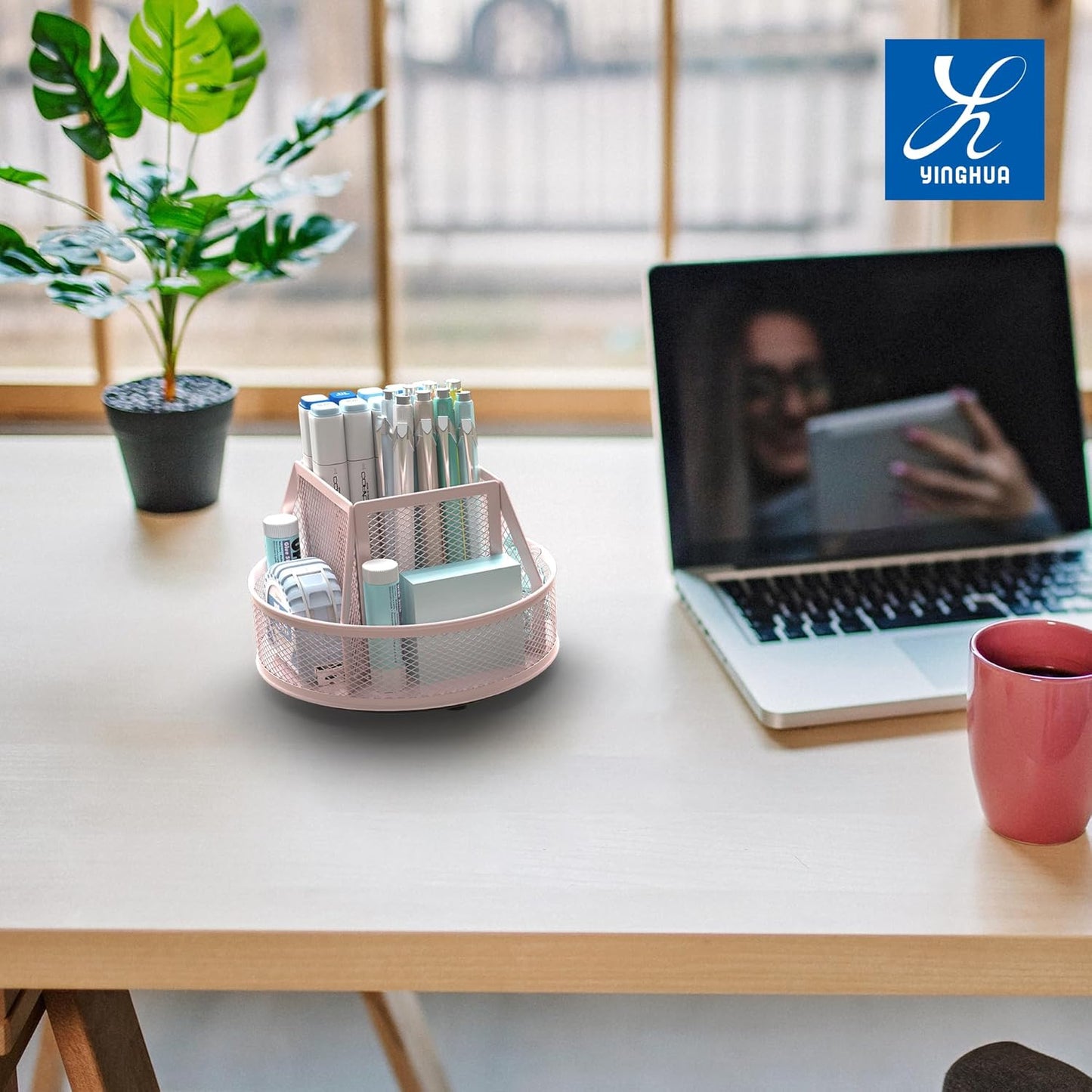 YINGHUA Metal Mesh Desk Organizer with 5 Compartments and Rotating Pencil Holder Pen and Stationery Organizer for Office Home School Anti Slip Base Blue