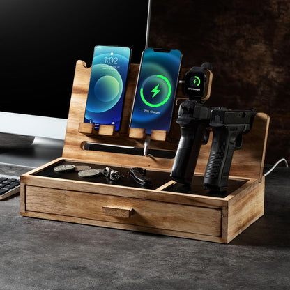 DGWJSU Phone Docking Station as Gifts for Men, Wood Pistol Rack As Nightstand Organizer for Gun Safe, Phone Charging Station as Gifts for Him Boyfriend Husband Father in Anniversary Birthday Christmas