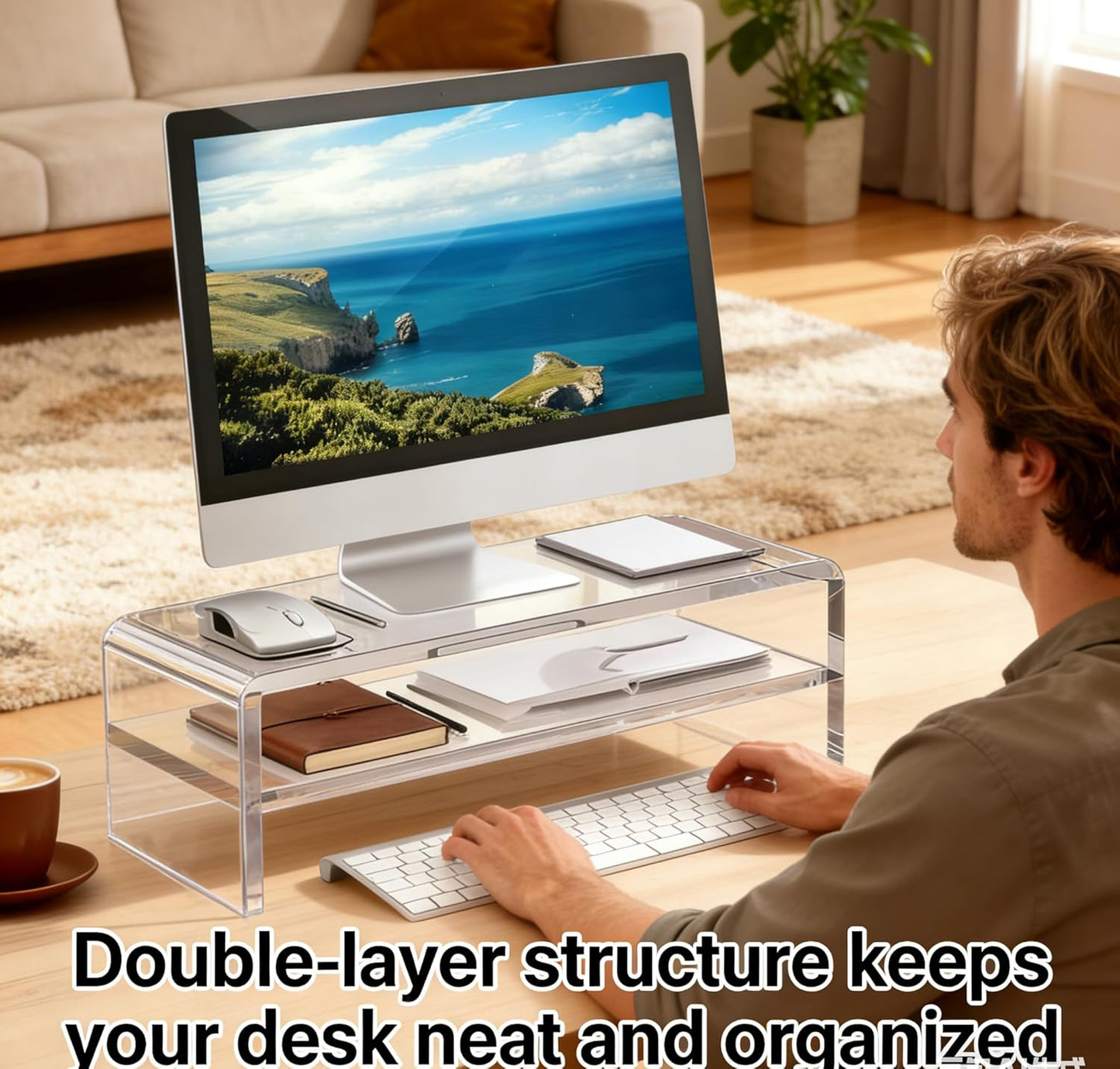 Acrylic Monitor Stand, 2 Tier Riser with Storage Shelf, Clear, 16/20 Inch, Home Office Desk Organizer (16in)