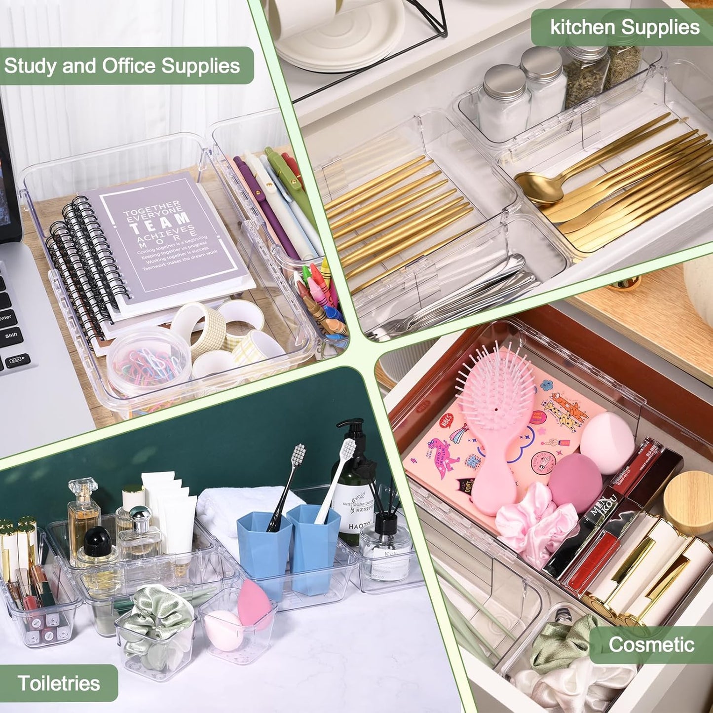 6 Pcs Clear Drawer Organizer, Adjustable Storage Bins (2 Sizes), Desk and Dresser Organizers for Makeup, Cosmetics, Kitchen Utensils, Bedroom, and Gadgets