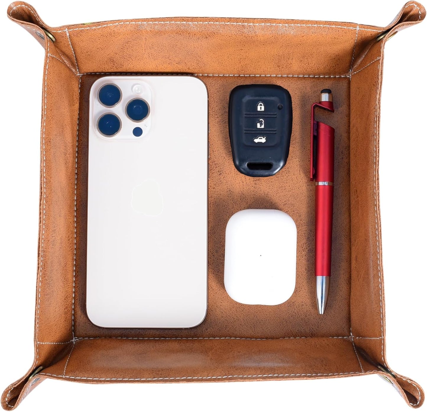 Valet Tray Organizer – Foldable Jewelry & Catchall Tray for Keys, Phone & Wallet – Double-Sided Faux Leather with Rubber Padding – Desk & Nightstand Organizer (Cognac Brown)