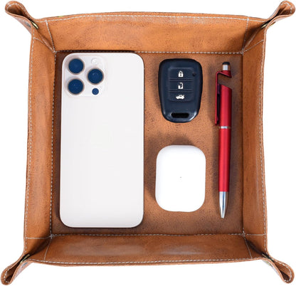 Valet Tray Organizer – Foldable Jewelry & Catchall Tray for Keys, Phone & Wallet – Double-Sided Faux Leather with Rubber Padding – Desk & Nightstand Organizer (Cognac Brown)