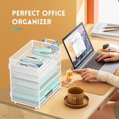 SUPEASY 6 Tier Desk Organizer with 4 Pen Holders, Mesh Paper Organizer Letter Tray with Handle, Desk Organizer Tray File Organizer for A4 File Folder, Black